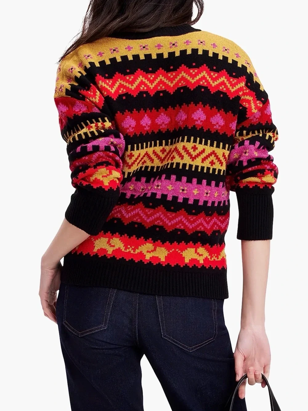 kate spade Black Crewneck Sweater with Pink, Red & Gold Fair Isle